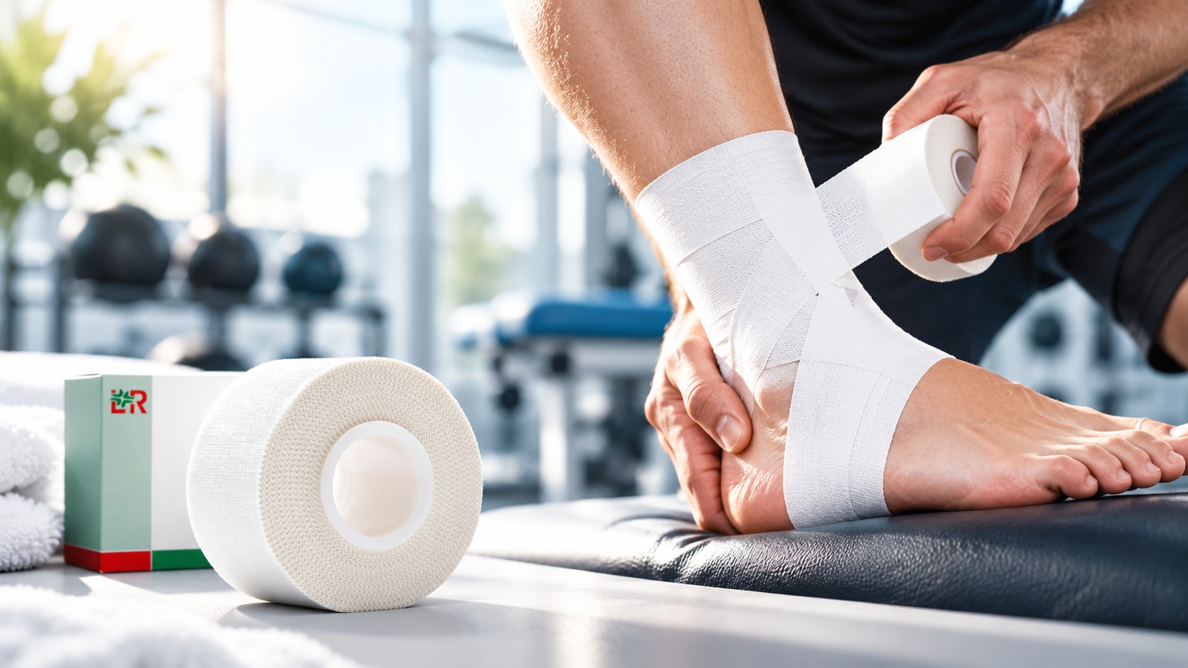 Weißes starres Sporttape bei professioneller Knöchelversorgung